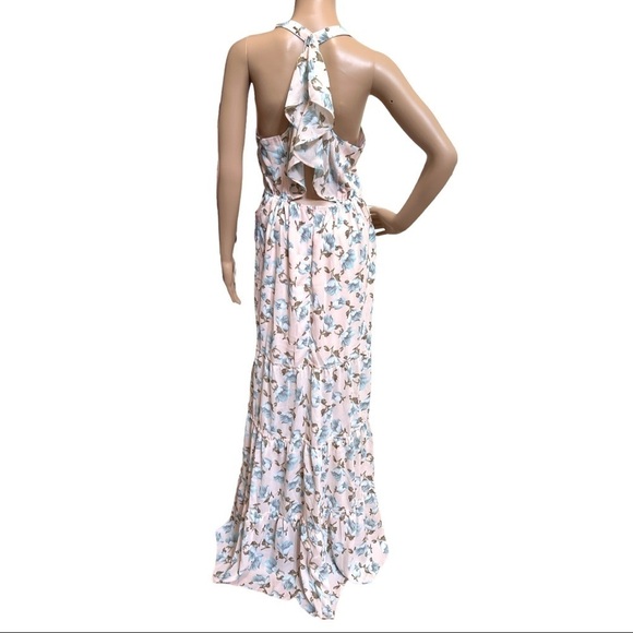 SOIEBLU WOMEN’S MAXI SLIT FLORAL RUFFLE HALTER V NECK PINK DRESS SIZE L - Picture 8 of 13